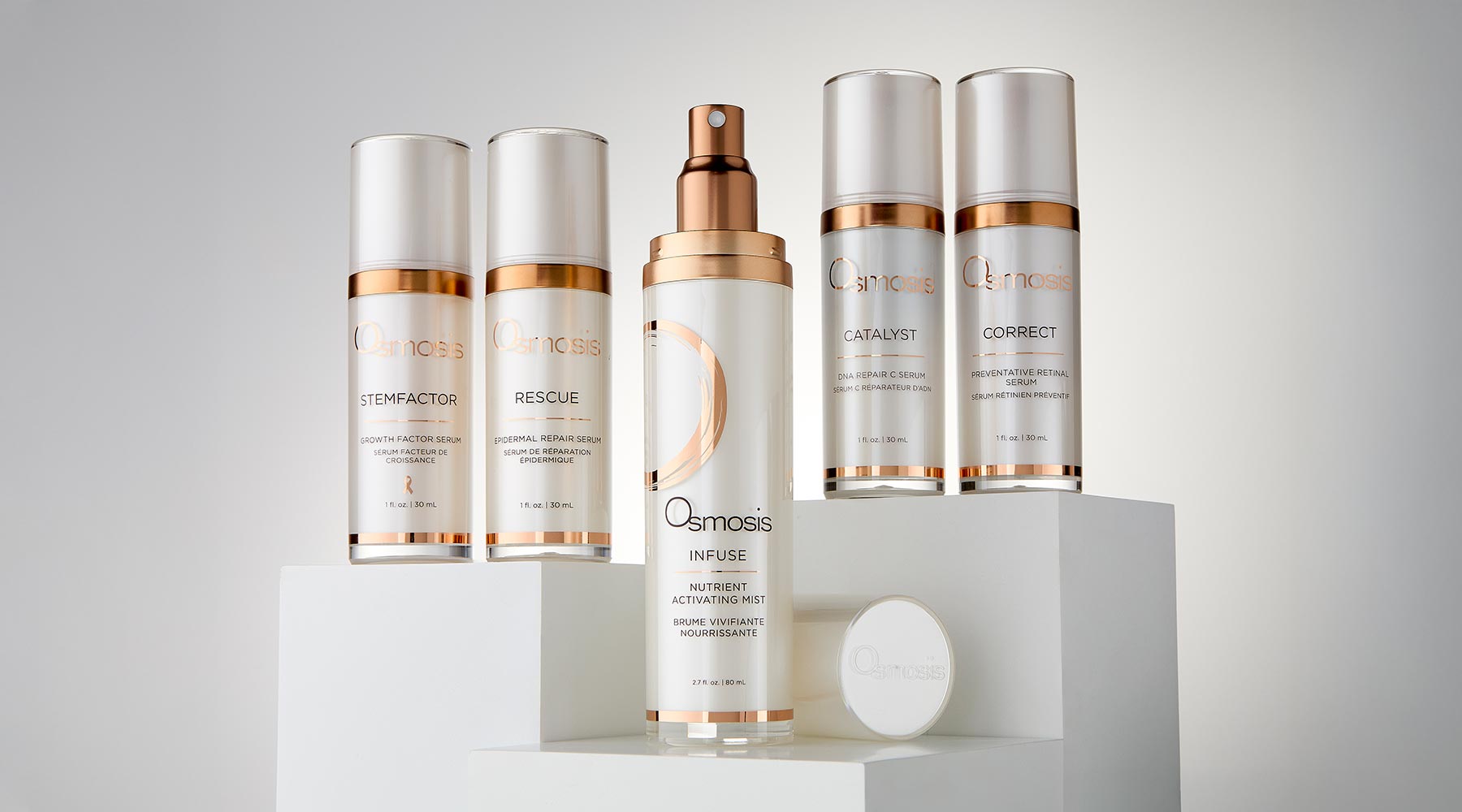 5 white and copper skincare bottles standing in front of a white background