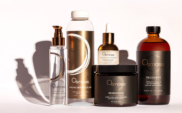 Collection of Osmosis wellness products on an off-white background