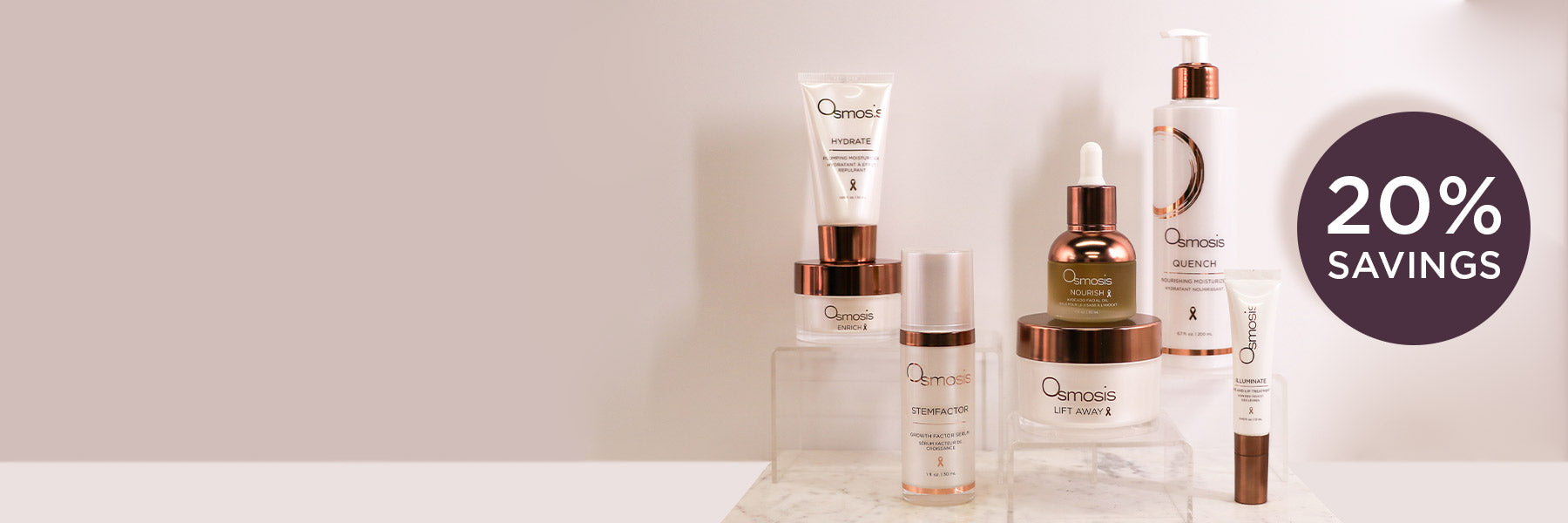 Collection of skincare products with a '20% Savings' label on a light background