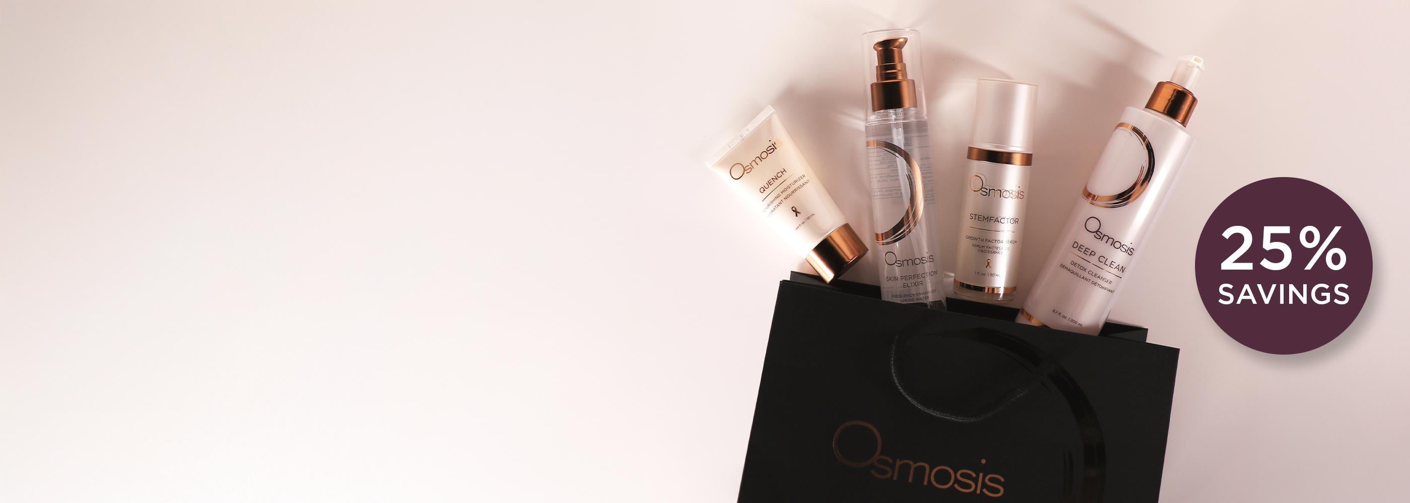 Black gift bag with 'Osmosis' branding and Osmosis products coming out of the bag, featuring a 25% savings badge.