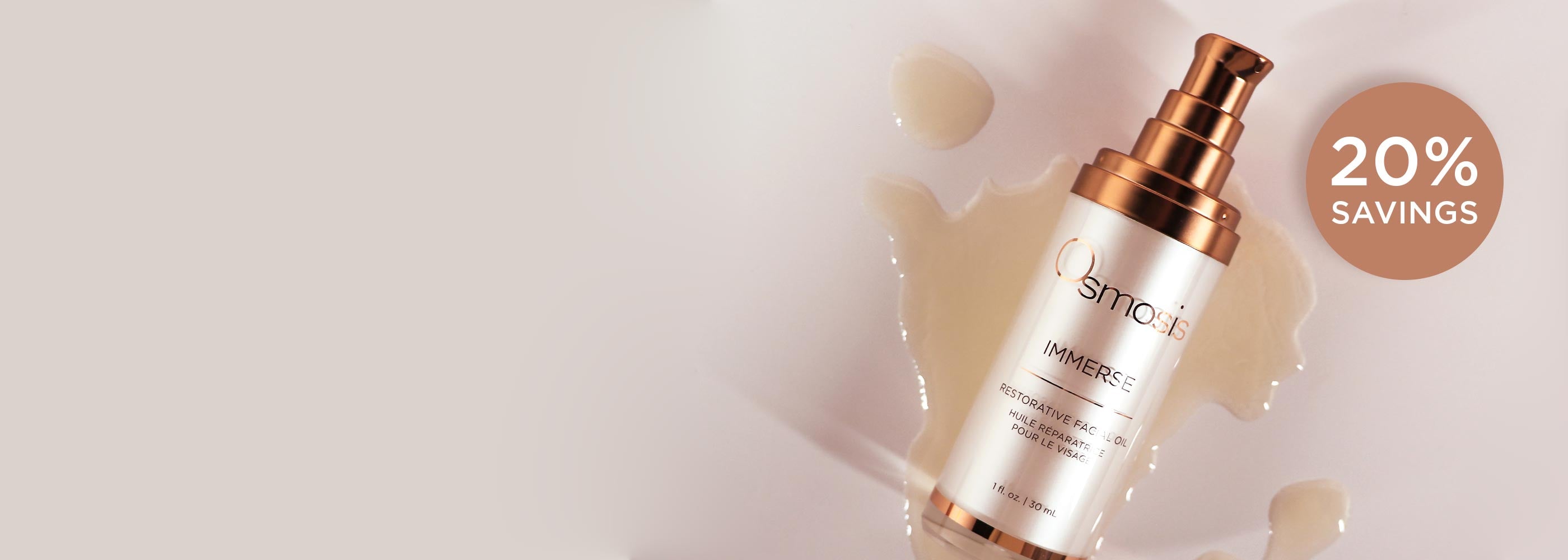 Skincare bottle with droplets and '20% Savings' label on a beige background