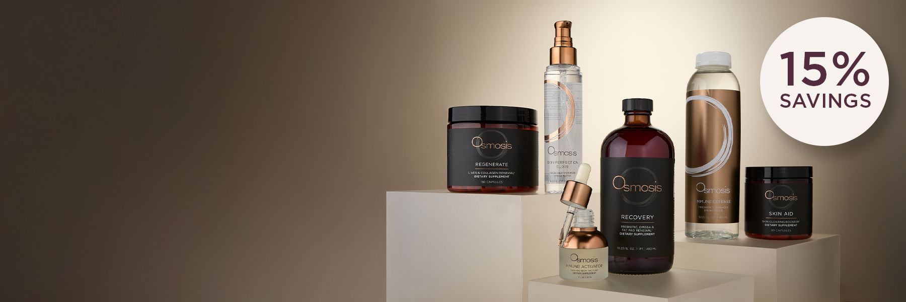 Collection of Osmosis products on a neutral background with a 15% savings label.