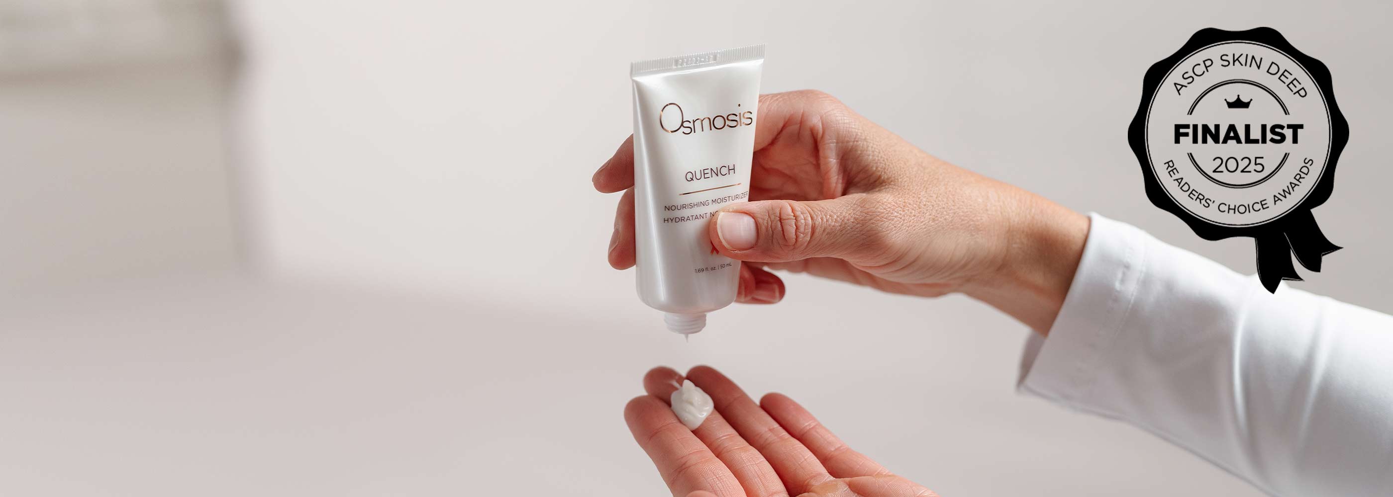 Person holding a skincare product with a 'Finalist' badge in the corner