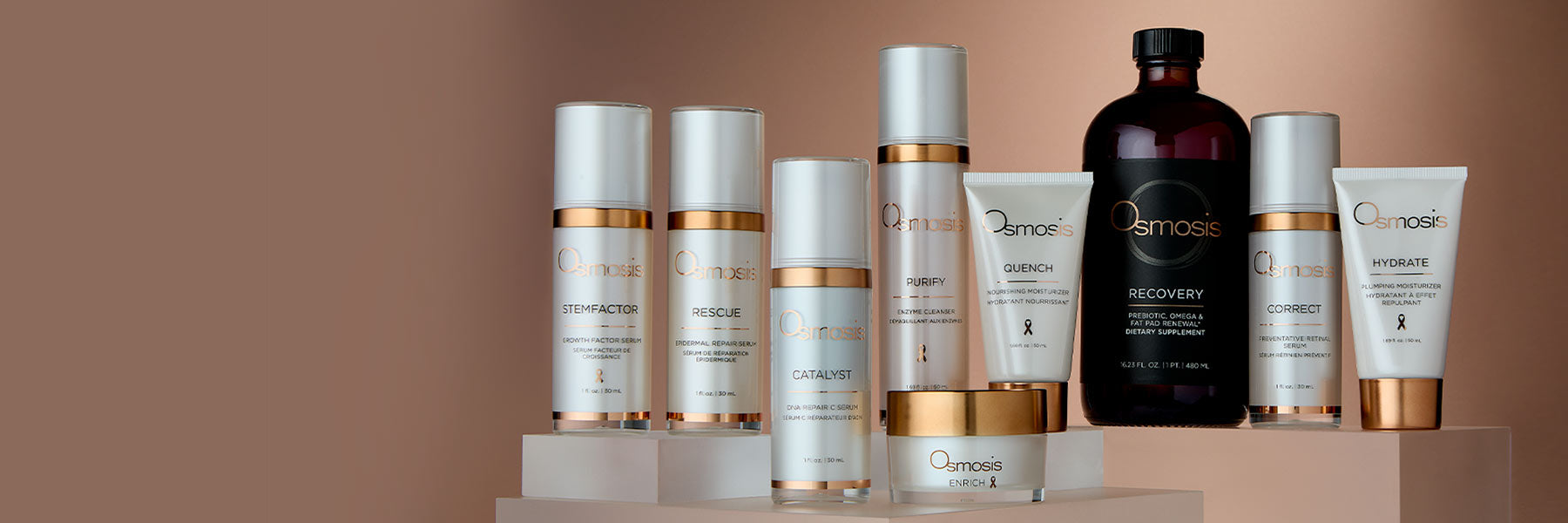 Osmosis Subscription Program featuring a collection of skincare products on a beige background