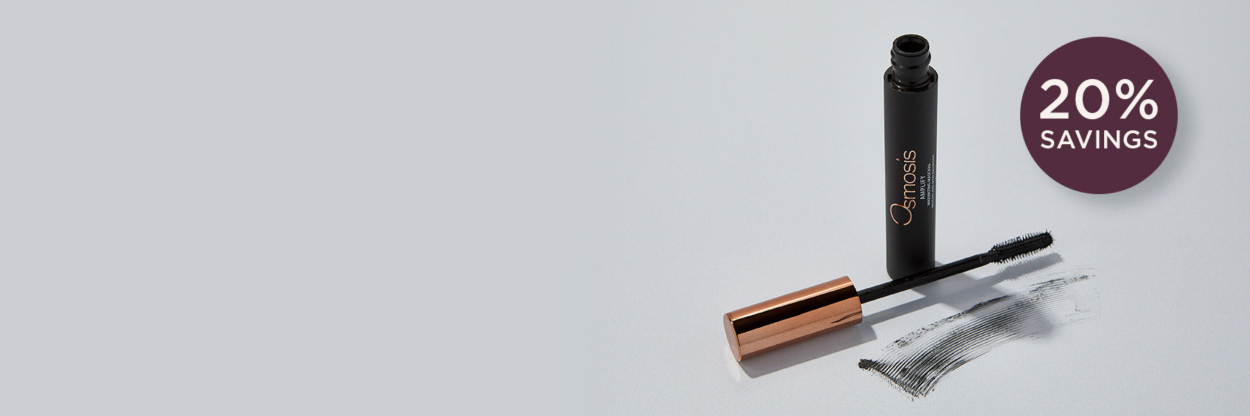 Osmosis Amplify Mascara on a grey background with a 20% savings callout.