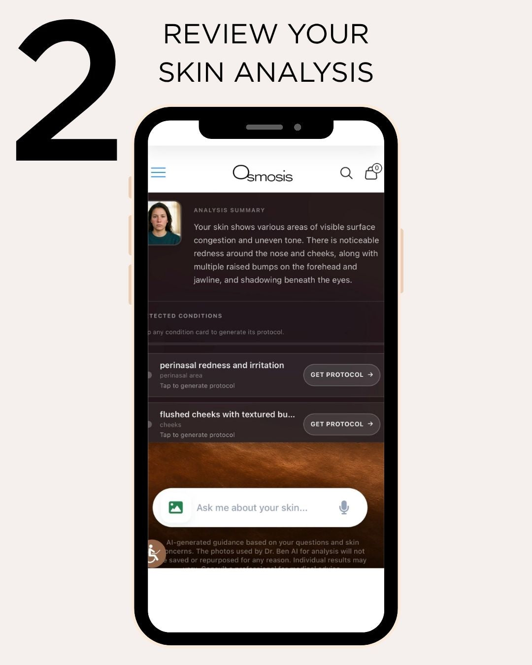 Mobile screenshot showing Step 2 Review Your Skin Analysis on Ask Dr. Ben AI