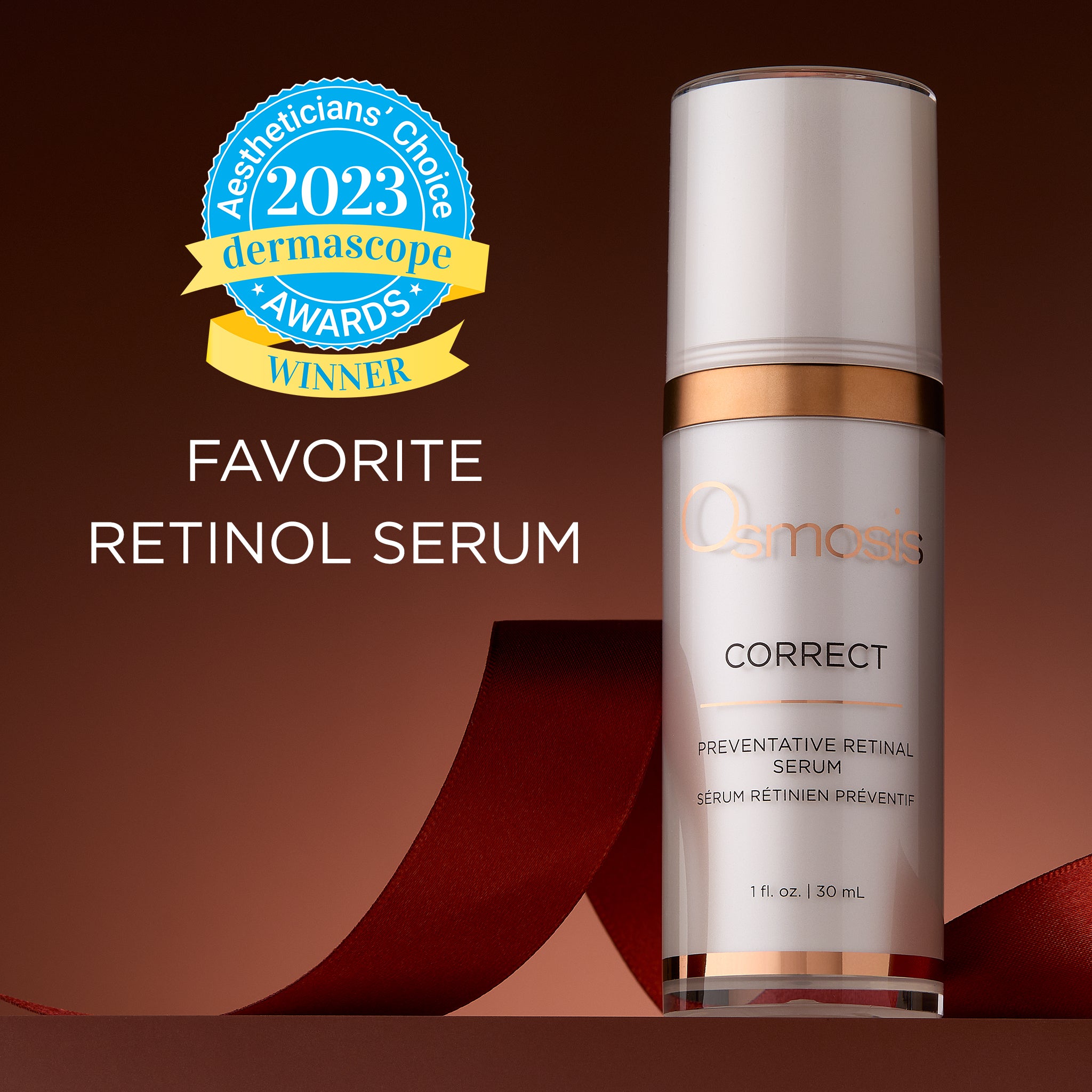 Osmosis Correct Serum Dermascope Award Seal for favorite retinol serum on a red background with ribbon