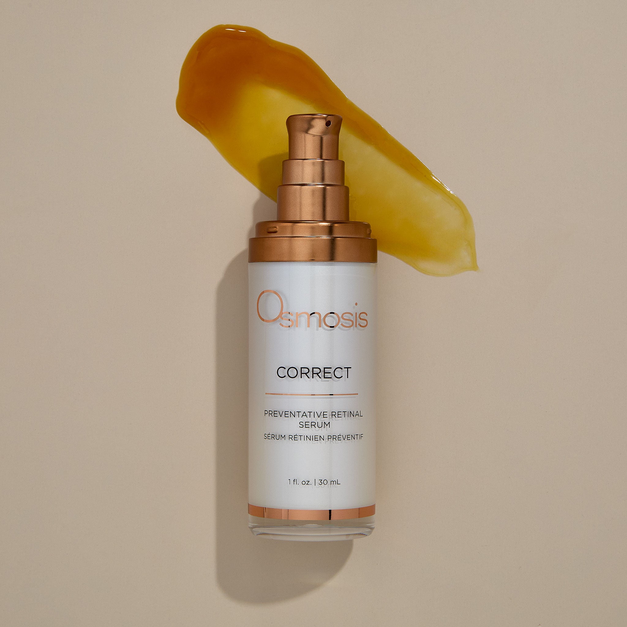 Osmosis Correct Serum with product swatch on a tan background