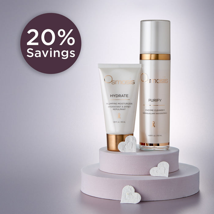 Osmosis Hydrate and Purify on a pedestal with a light purple background and a savings callout.