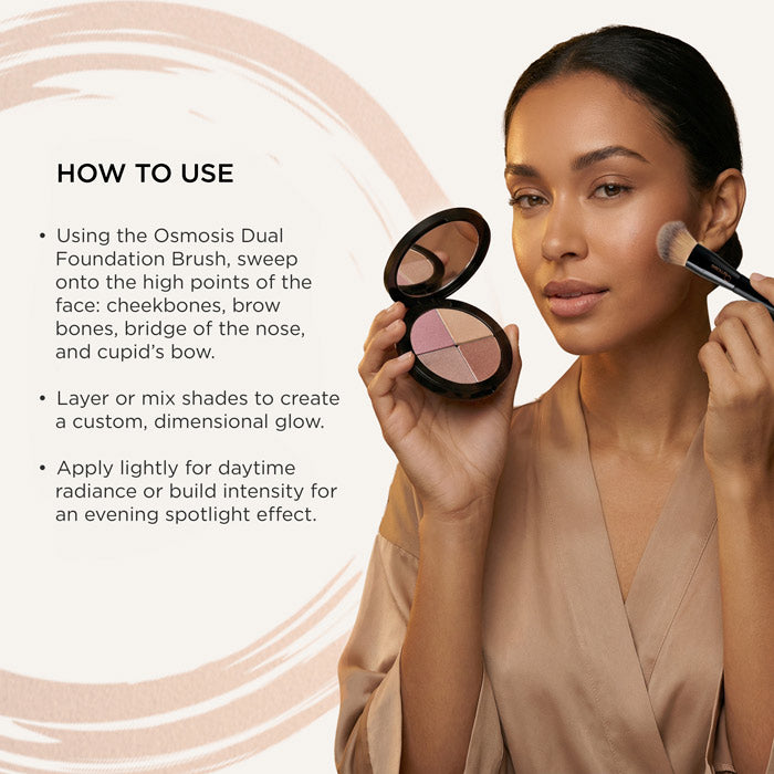 Osmosis Highlighting Quad - Makeup palette with Osmosis Dual Foundation Brush with How to Use Instructions and Woman brushing it on her face