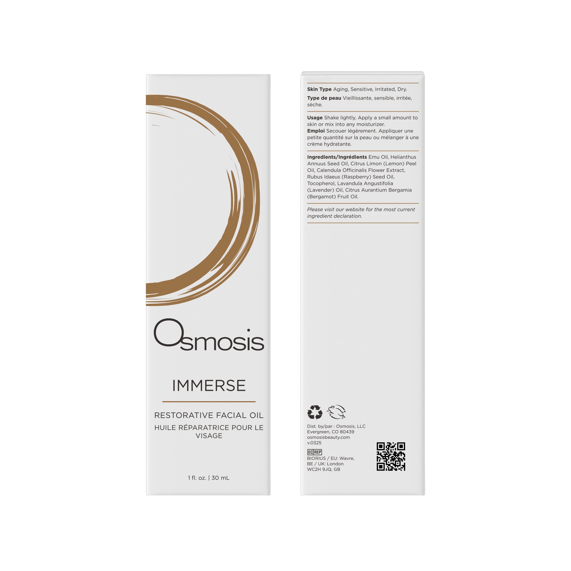 Immerse Restorative Facial Oil 30mL Box Image Front & Back