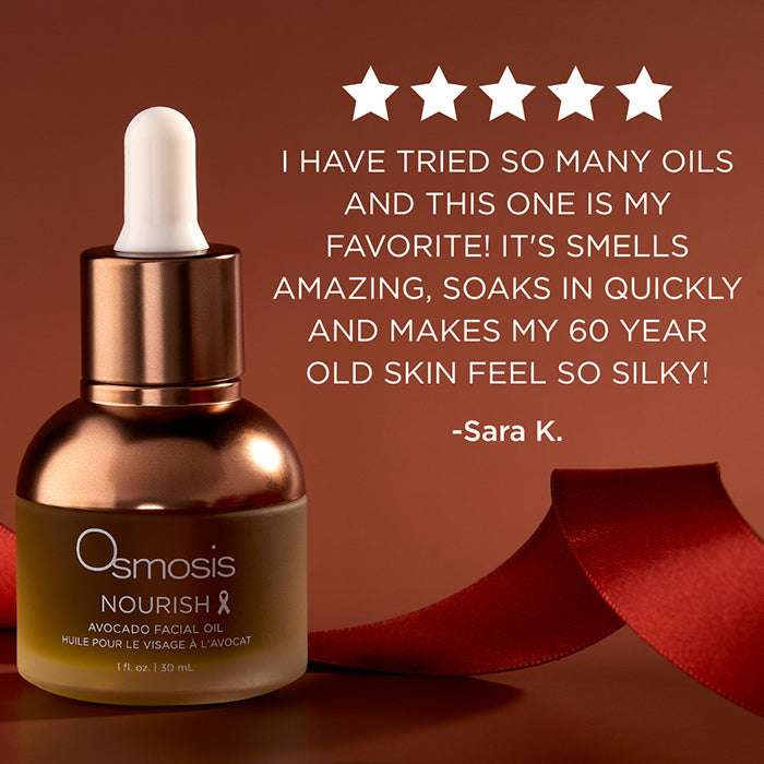 Osmosis Nourish Avocado Facial Oil bottle with customer review on a brown background