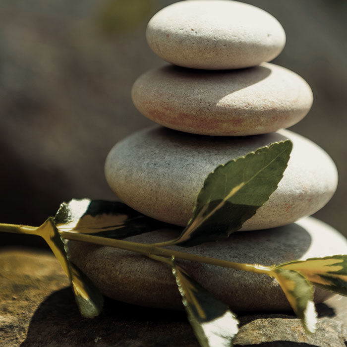 Stack of stones with a leaf on a blurred natural background