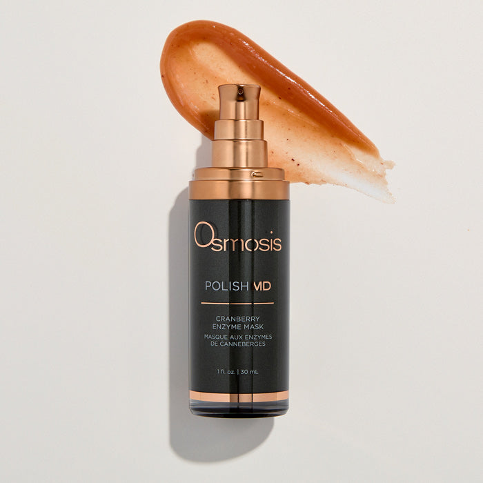 Osmosis Polish MD cranberry enzyme mask bottle with a swatch of mask on a light background