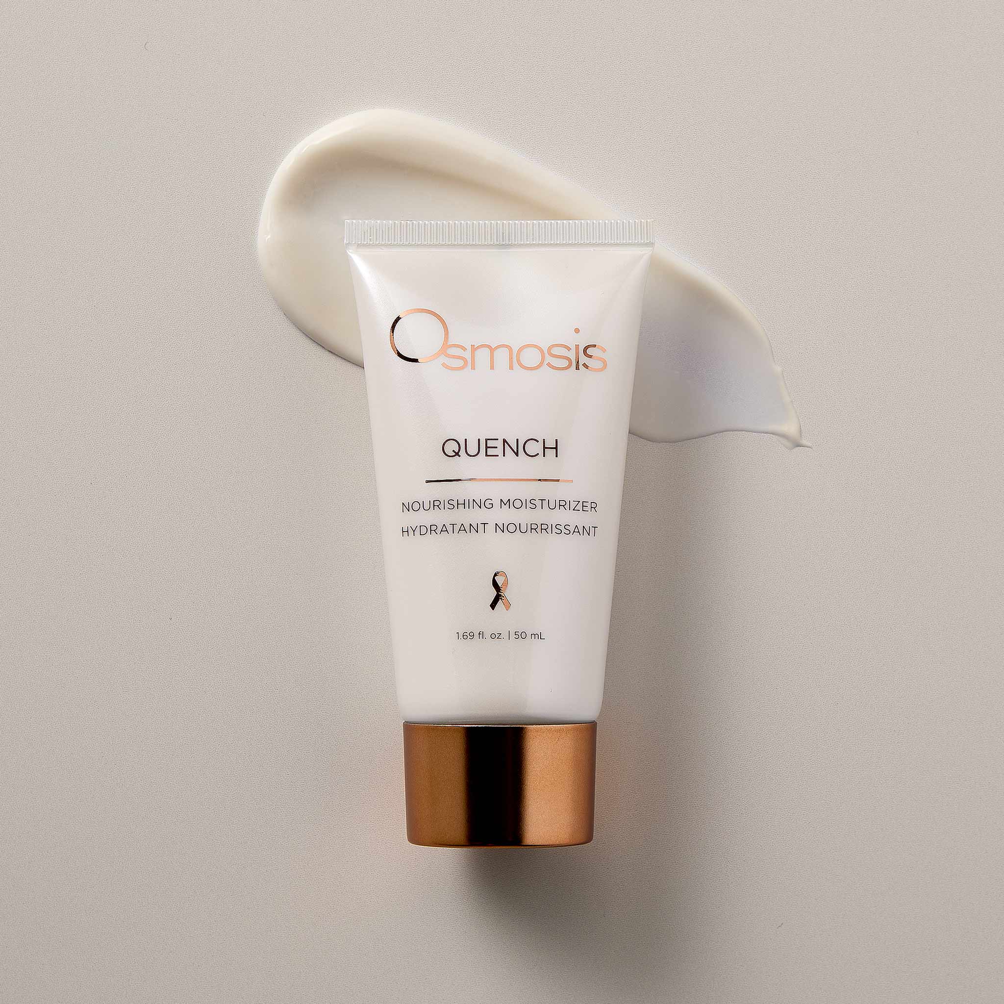 Osmosis Quench Moisturizer with product swatch on a tan background
