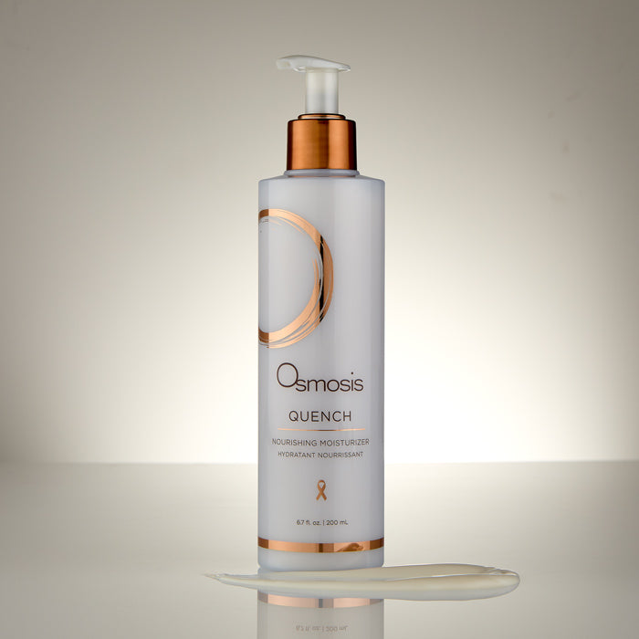 Osmosis Quench nourishing moisturizer bottle on a reflective surface with a gradient background