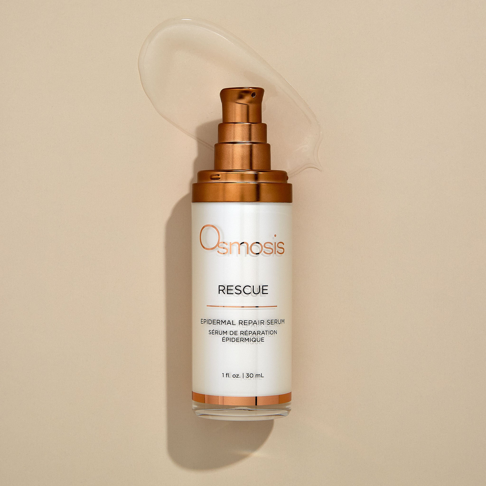 Osmosis Rescue Serum with product swatch on a tan background