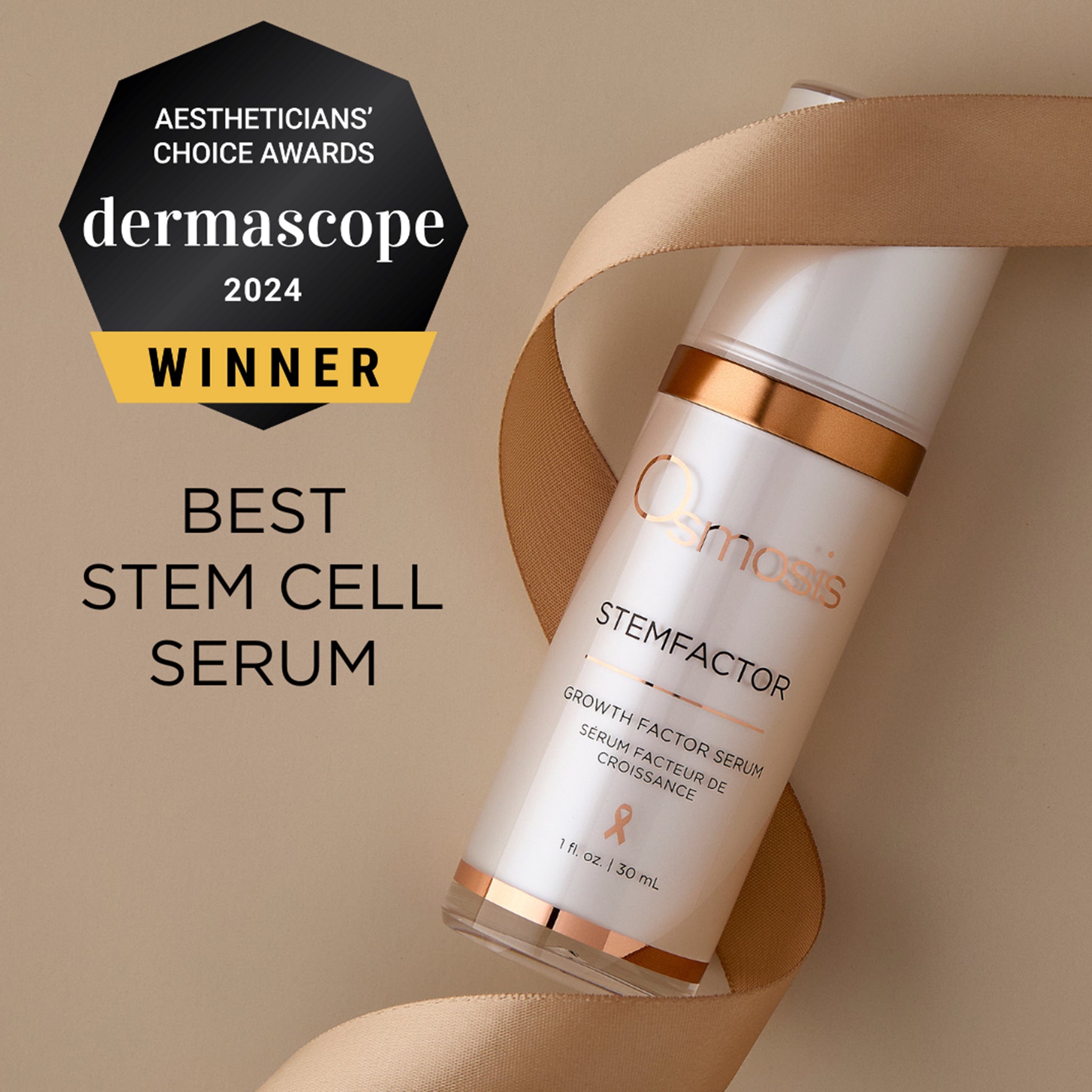 Osmosis StemFactor Dermascope Award Seal for Best Stem Cell Serum on a tan background with ribbon