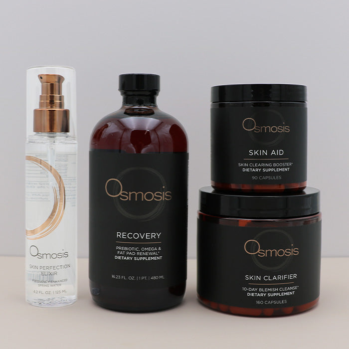 Osmosis skincare and supplement products on a light gray background