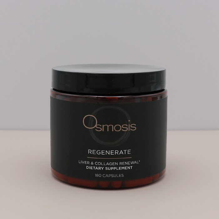 Black supplement jar with 'Osmosis' branding on a neutral background