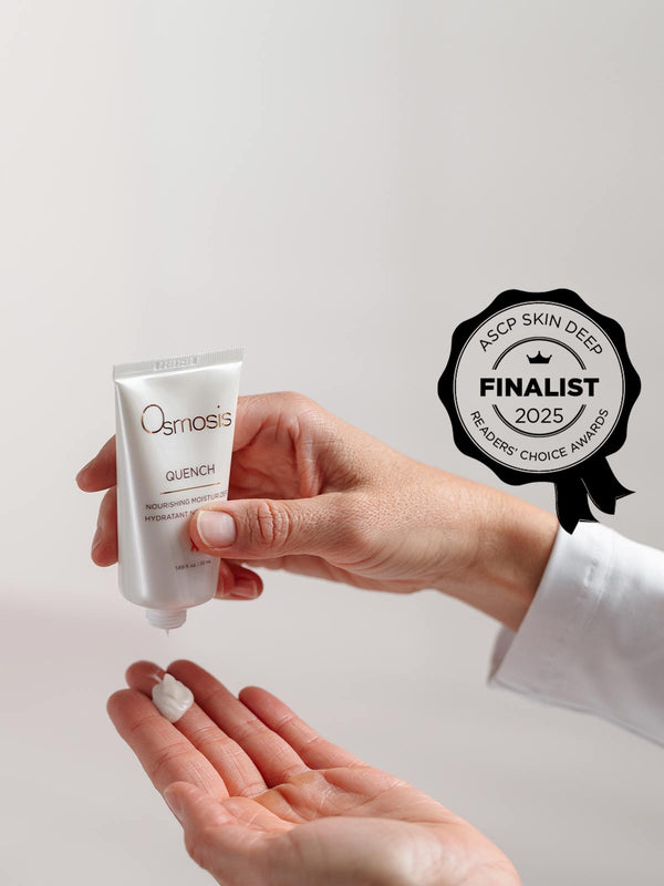 Hand holding a skincare product with 'Osmosis' branding and a 'Finalist 2025' badge on a light gray background.