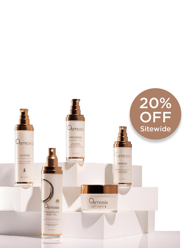 Set of skincare bottles with a '20% Off Sitewide' discount badge on a white background