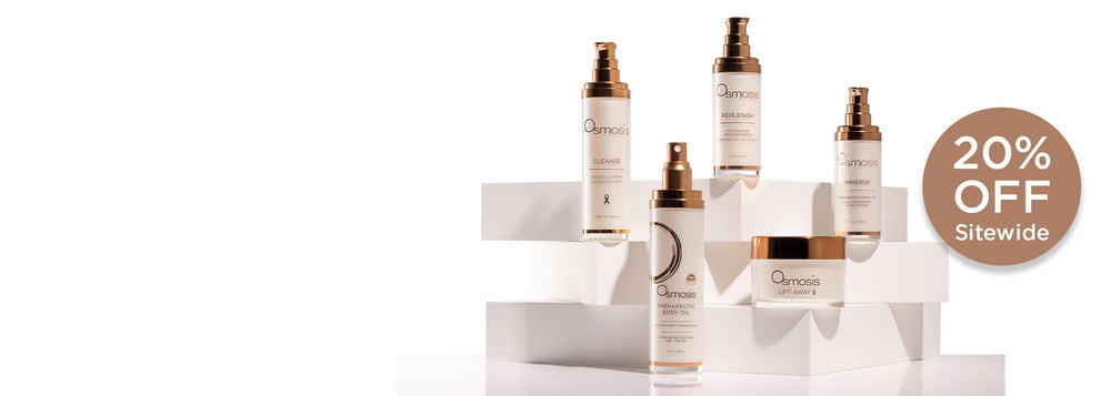 Set of skincare bottles with a promotional banner for 20% off on a white background