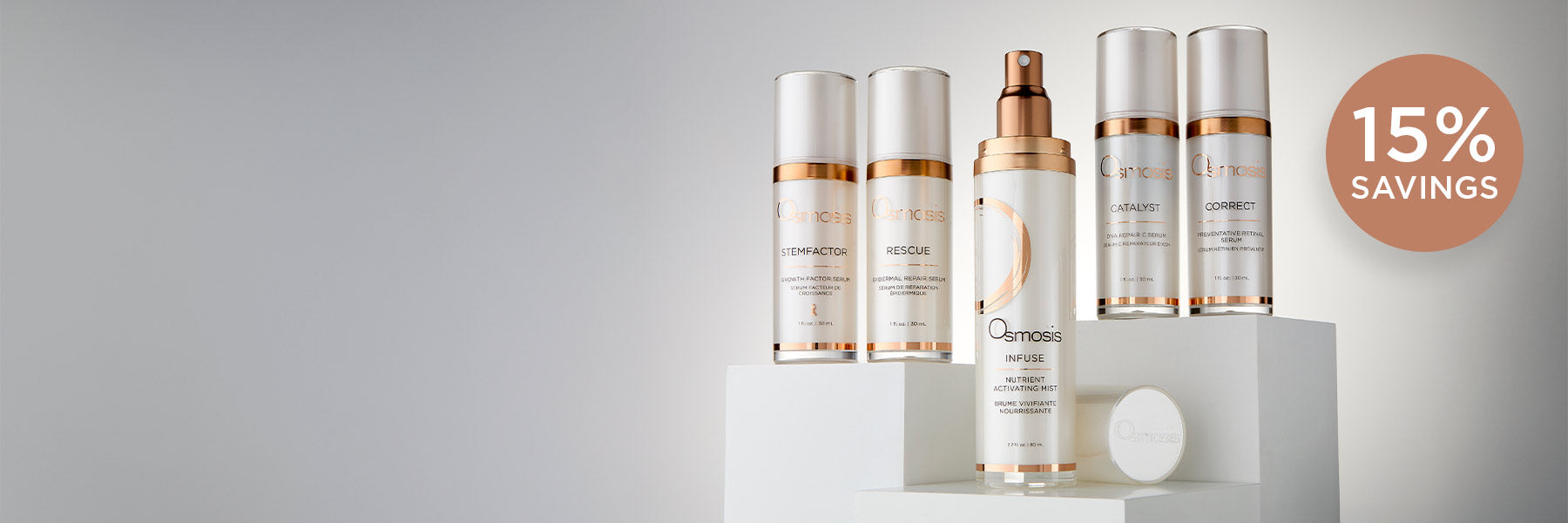 Osmosis Core Four + Activating Mist on Risers Cream Background with a 15% savings bubble