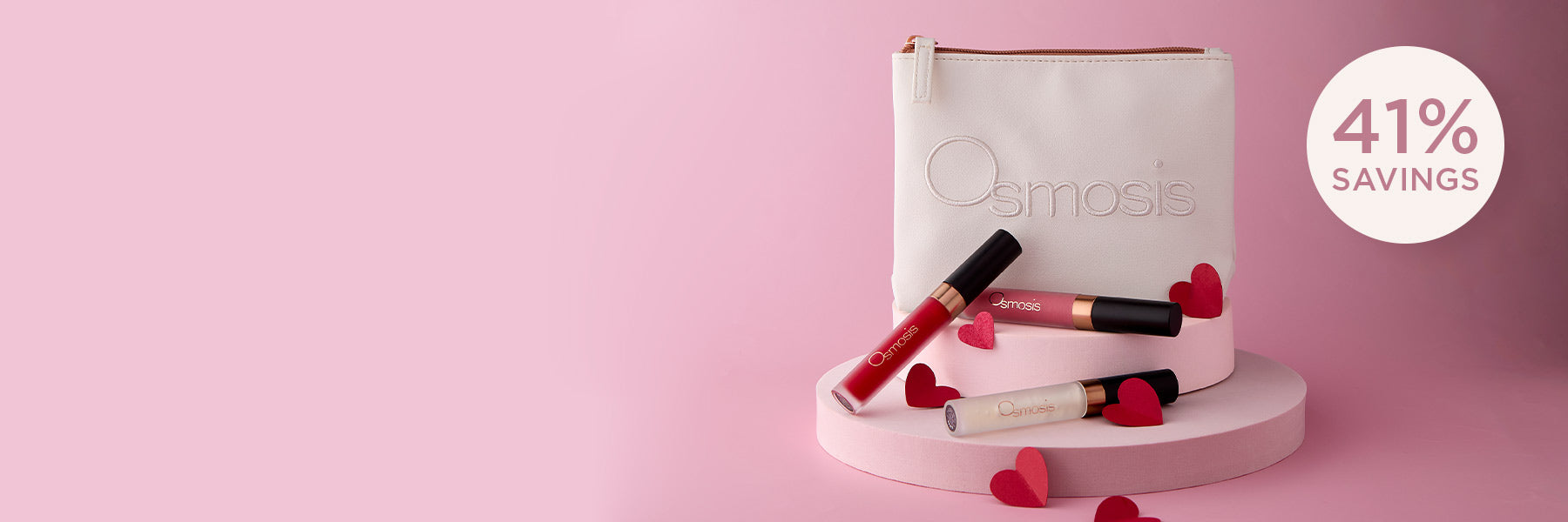 Osmosis Lip Gloss and a white pouch on a pink background, featuring a discount label.