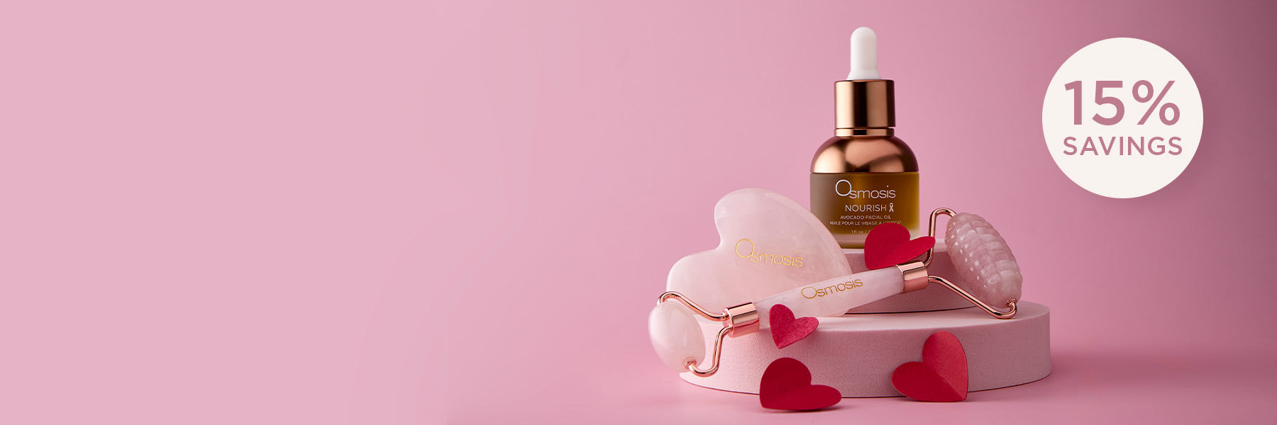 Osmosis Nourish Avocado Facial Oil and  Rose Quartz Roller and Gua Sha on a pink background with a discount savings call out