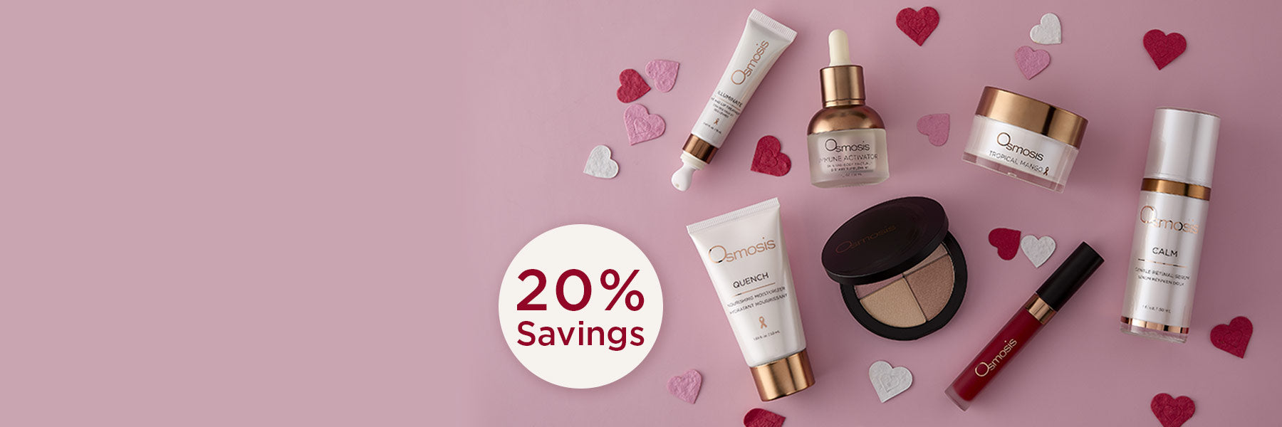 Osmosis products on a pink background with heart shapes and a 20% savings label.