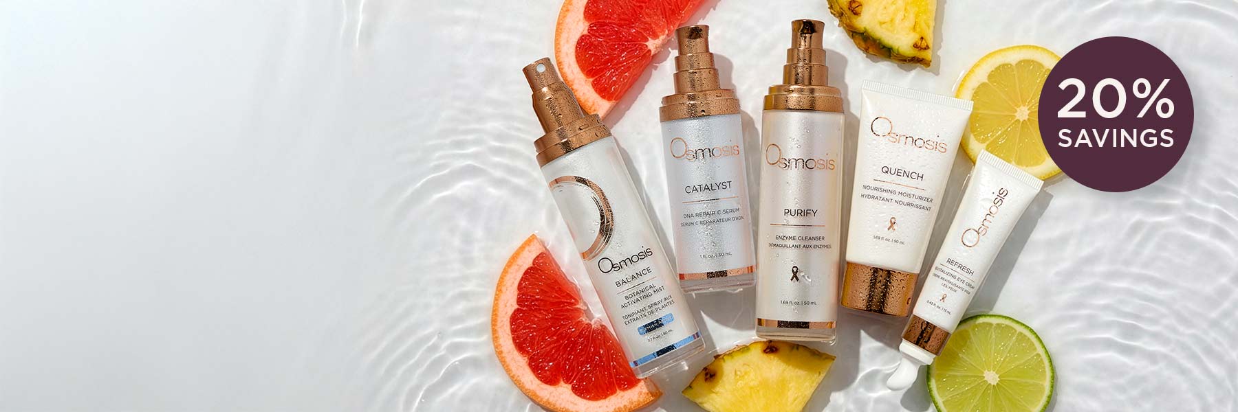 Osmosis Spring Reset Promotion with 20% bubble with products, fruit and water