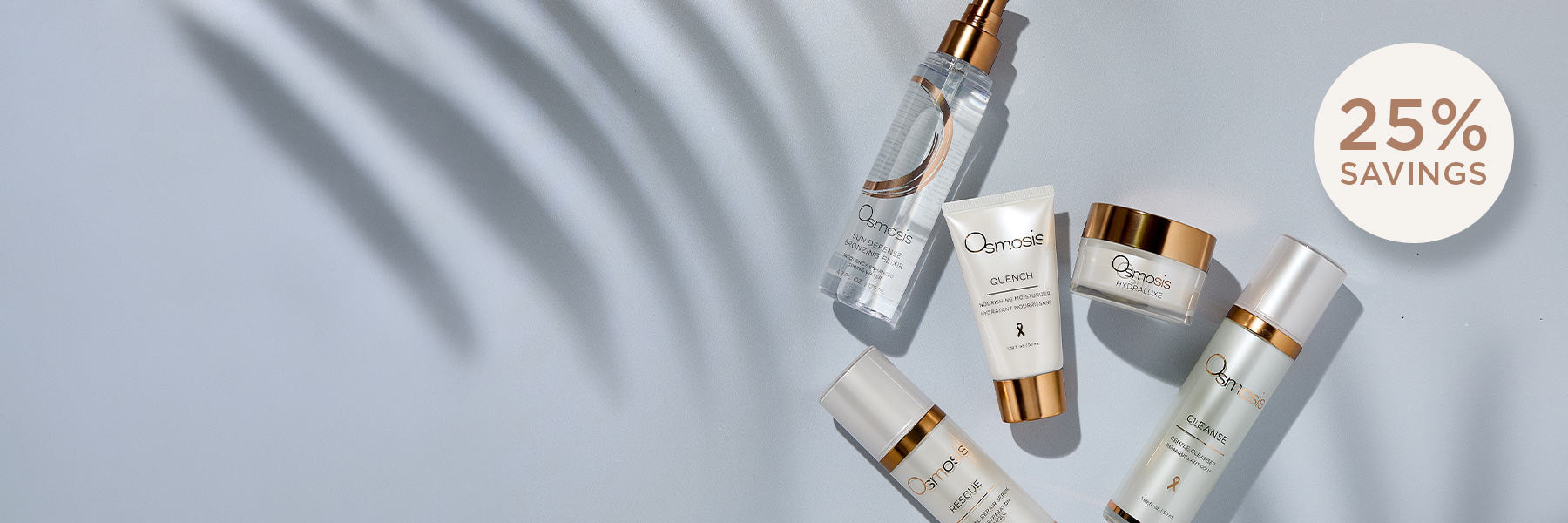 Osmosis products on a grey background with a 25 percent savings bubble