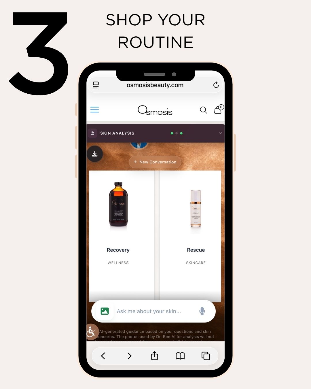Mobile screenshot showing Step 3 Shop Your Routine with products recommendations on Ask Dr. Ben AI