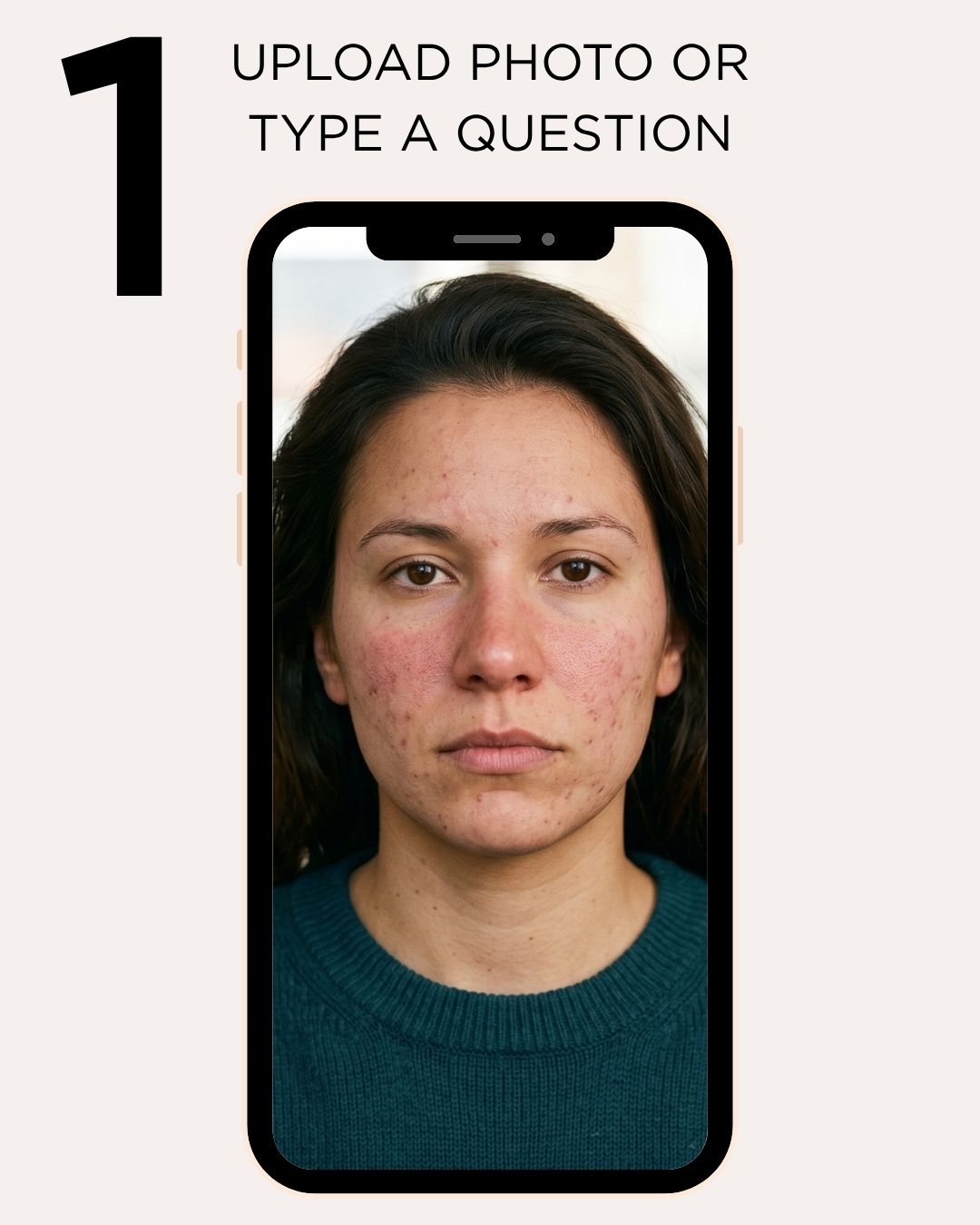 Mobile screenshot showing a person's face for Step 1 Upload a Photo or Ask a Questions on Ask Dr. Ben AI
