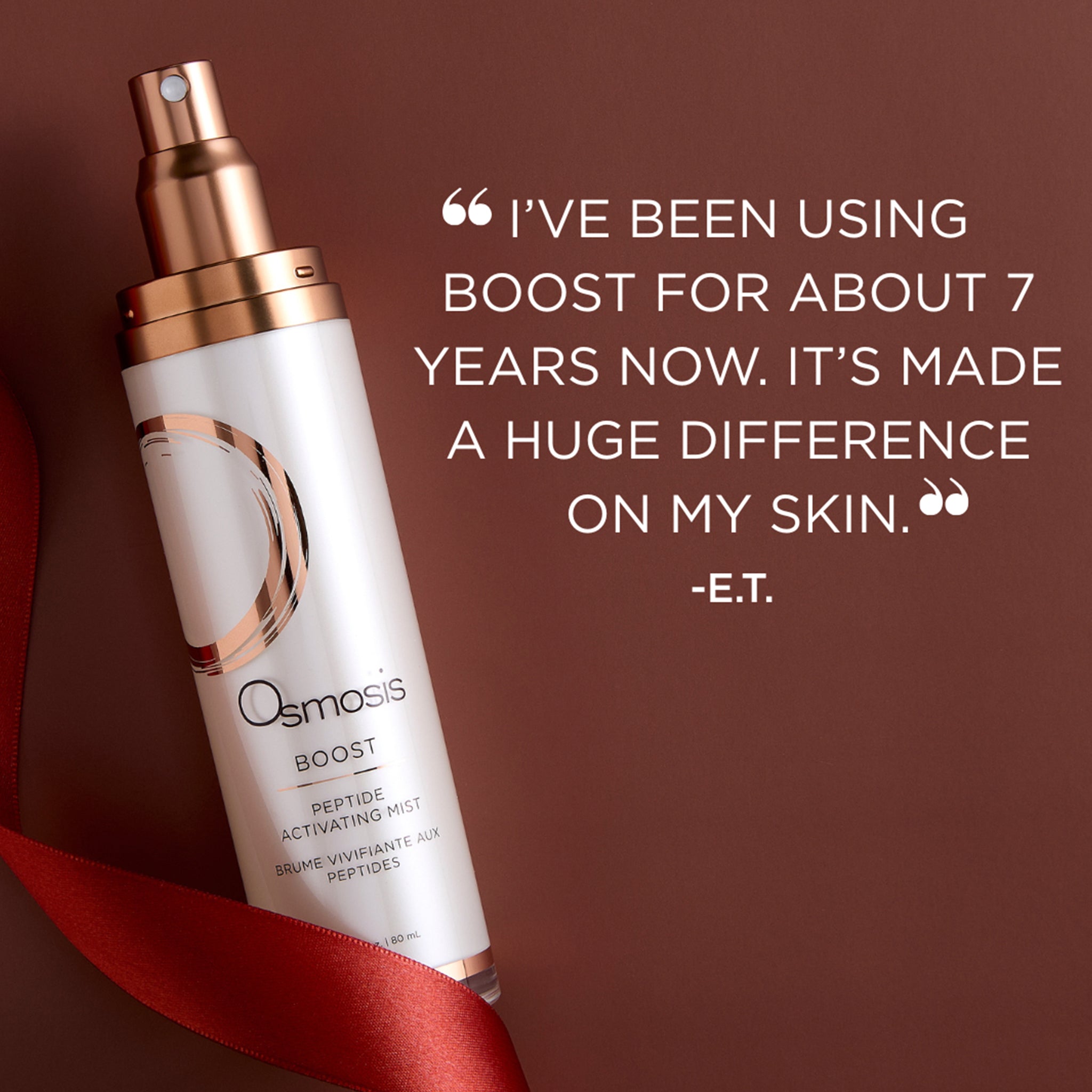 Osmosis Boost Peptide Activating Mist testimonial on a red background with ribbon
