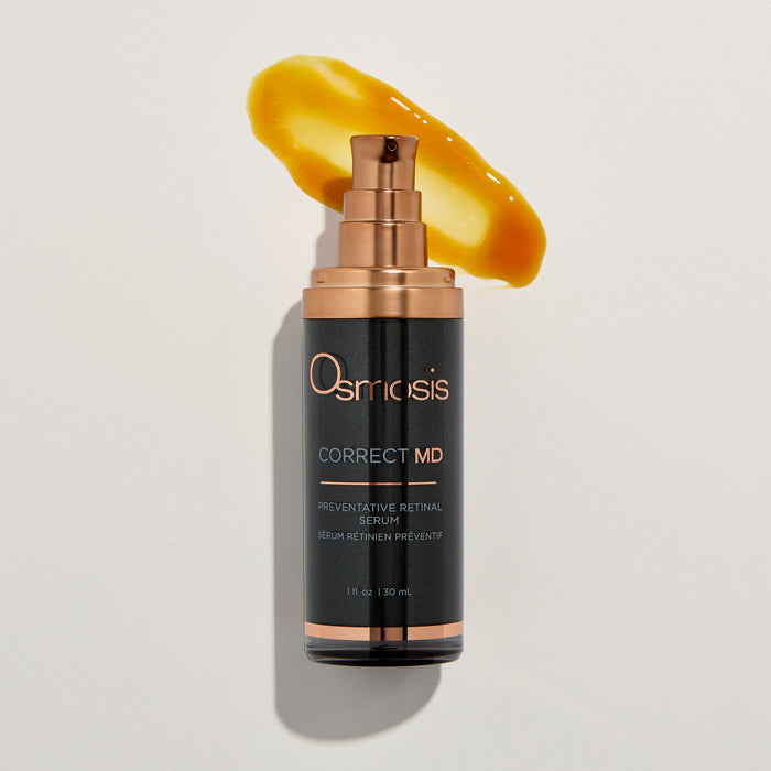 Osmosis Correct MD serum bottle with a swatch of yellow serum on a light gray background