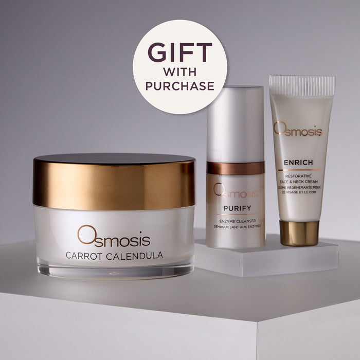 Osmosis Carrot Calendula Mask Osmosis Purify Cleanser and Osmosis Enrich Restorative Face and Neck Cream with a Gift With Purchase call out on a grey background