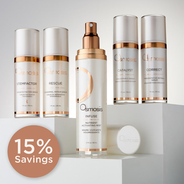 Osmosis Core Four (StemFactor, Rescue, Catalyst, and Correct), plus Infuse Activating Mist bundle on risers with a 15% savings bubble