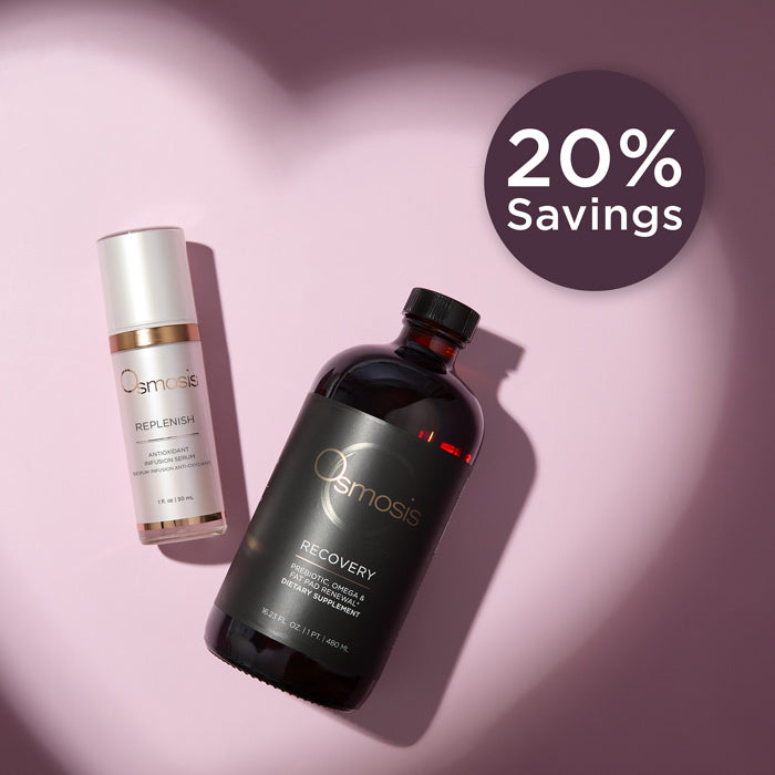 Osmosis Replenish and Recovery on a pink background with a savings call out.