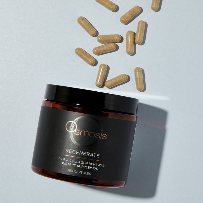 Osmosis Regenerate supplement jar with capsules on a light gray background