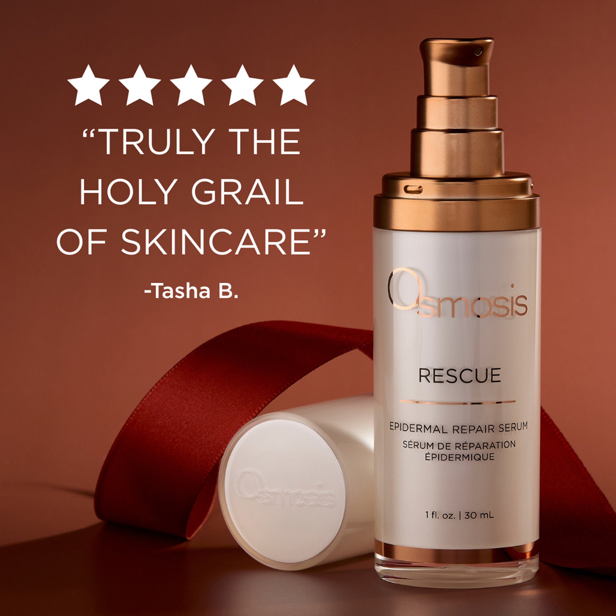 Osmosis Rescue Serum testimonial on a red background with ribbon