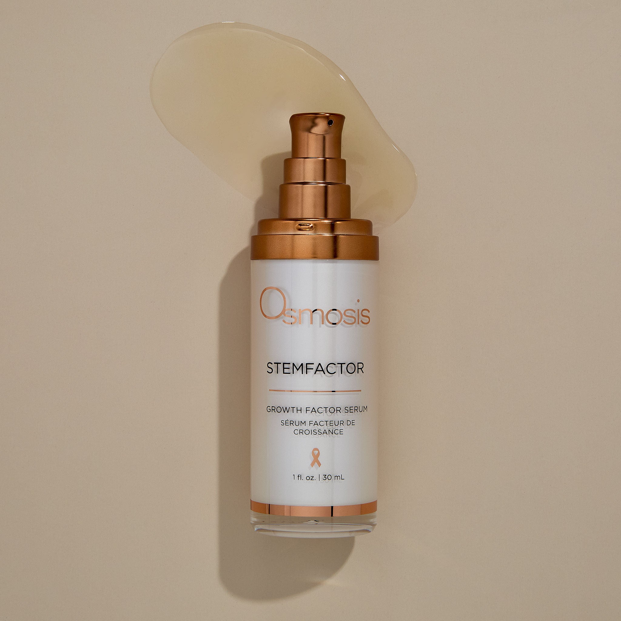 Osmosis StemFactor Serum with product swatch on a tan background