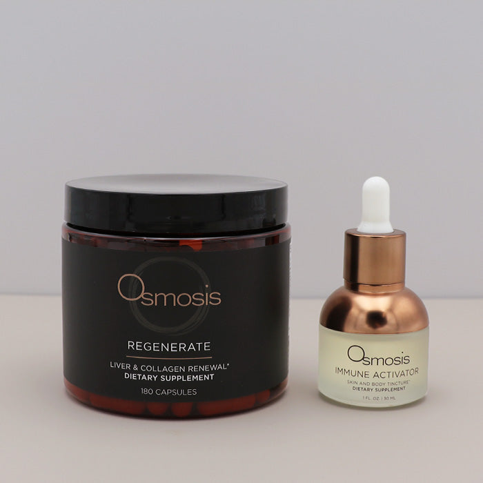 Osmosis Regenerate and Immune Activator dietary supplement containers on a light gray background