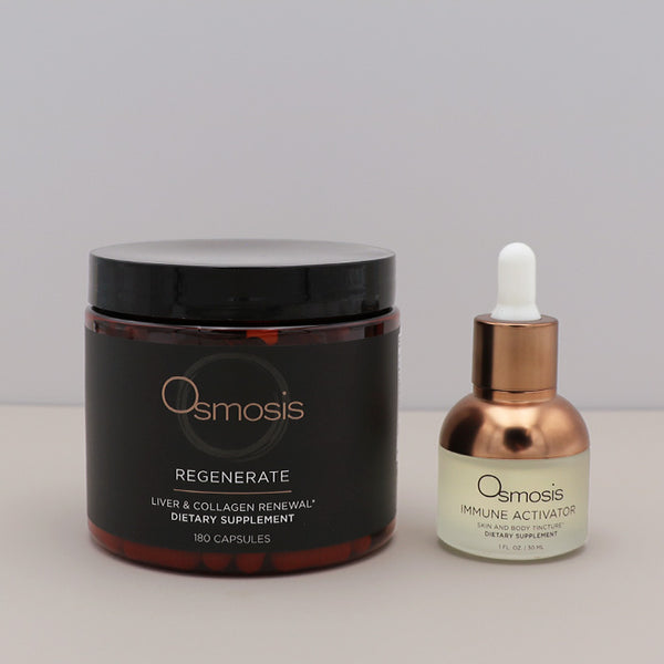 Osmosis Regenerate and Immune Activator dietary supplement containers on a light gray background