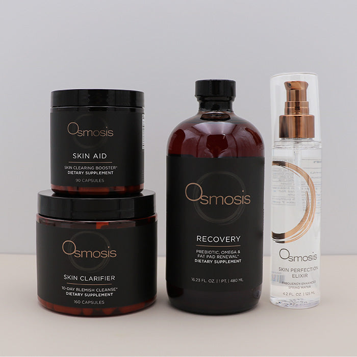 Osmosis skincare and supplement products on a neutral background