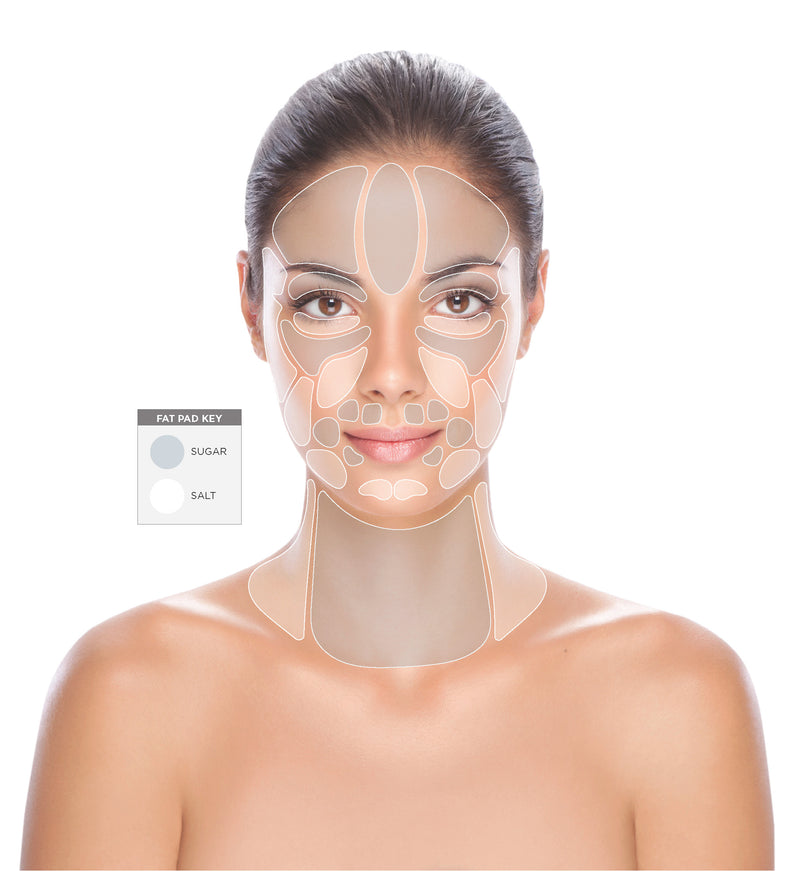Osmosis Beauty Fat Pad Key showing loss of fat pads on the face and neck due to sugar and salt intake.